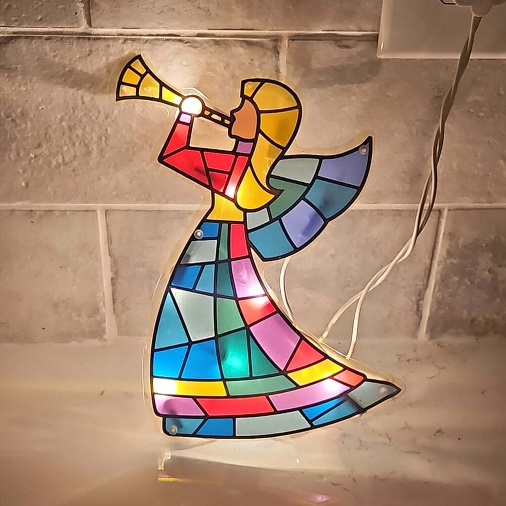 Vintage Stained Glass Style Lighted Angel – Christmas Decor 7.5"